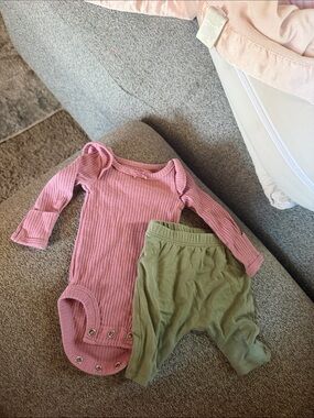 Carters preemie clothes-Ribbed Pink Baby Onesie with Olive Green Pants